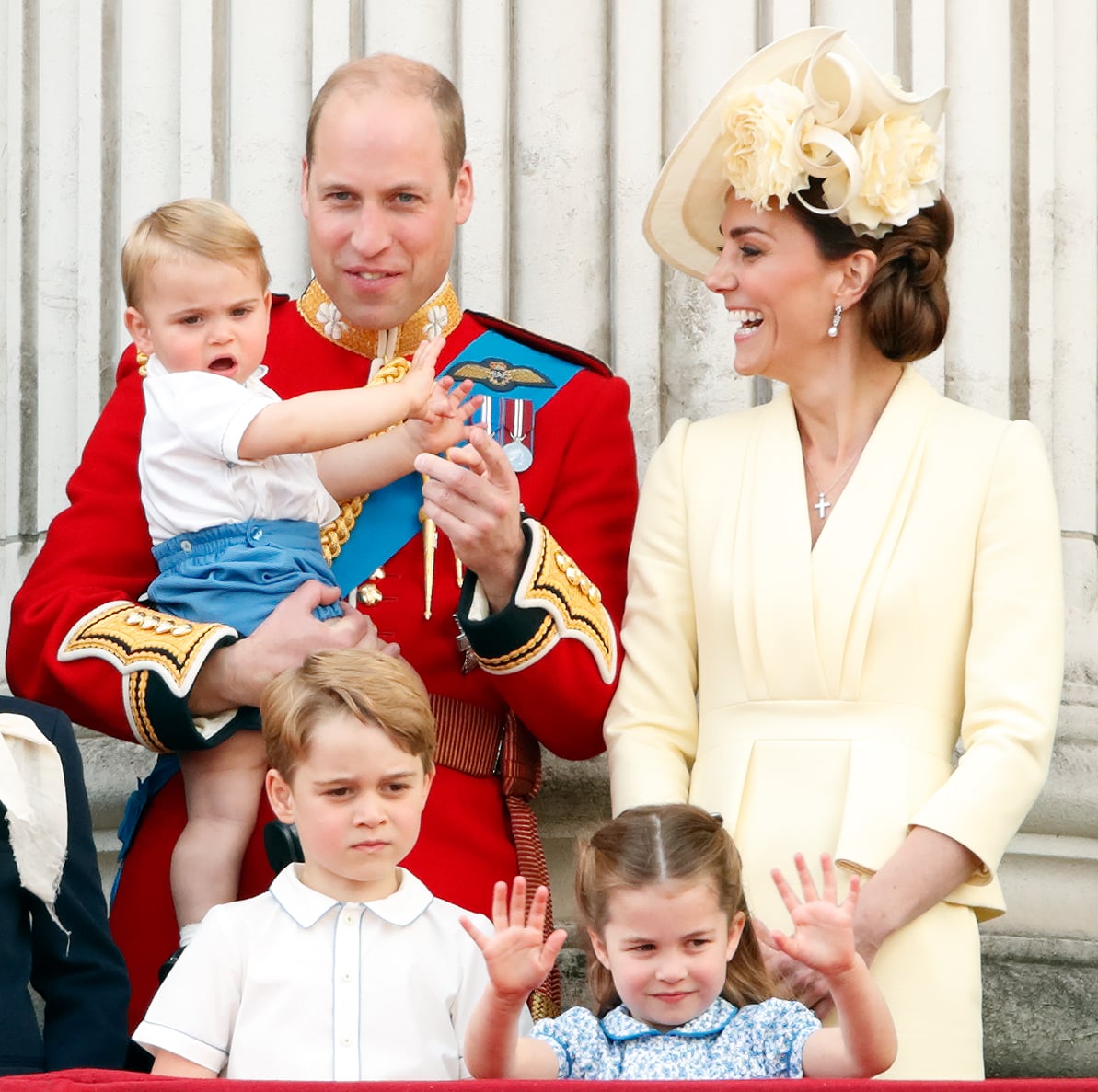 LONDON, UNITED KINGDOM - JUNE 08: (EMBARGOED FOR PUBLICATION IN UK NEWSPAPERS UNTIL 24 HOURS AFTER CREATE DATE AND TIME) Prince William, Duke of Cambridge, Catherine, Duchess of Cambridge, Prince Louis of Cambridge, Prince George of Cambridge and Princess Charlotte of Cambridge watch a flypast from the balcony of Buckingham Palace during Trooping The Colour, the Queen's annual birthday parade, on June 8, 2019 in London, England. The annual ceremony involving over 1400 guardsmen and cavalry, is believed to have first been performed during the reign of King Charles II. The parade marks the official birthday of the Sovereign, although the Queen's actual birthday is on April 21st. (Photo by Max Mumby/Indigo/Getty Images)