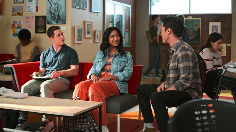 Jaren Lewison as Ben Gross, Maitreyi Ramakrishnan as Devi, Darren Barnet as Paxton Hall-Yoshida in season 3 od Never Have I Ever.