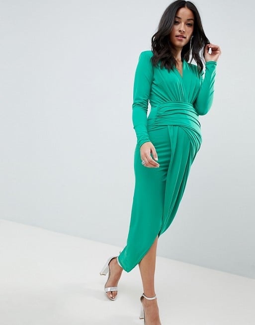 Queen Bee Plunge Front Wrap Maxi Dress in Green