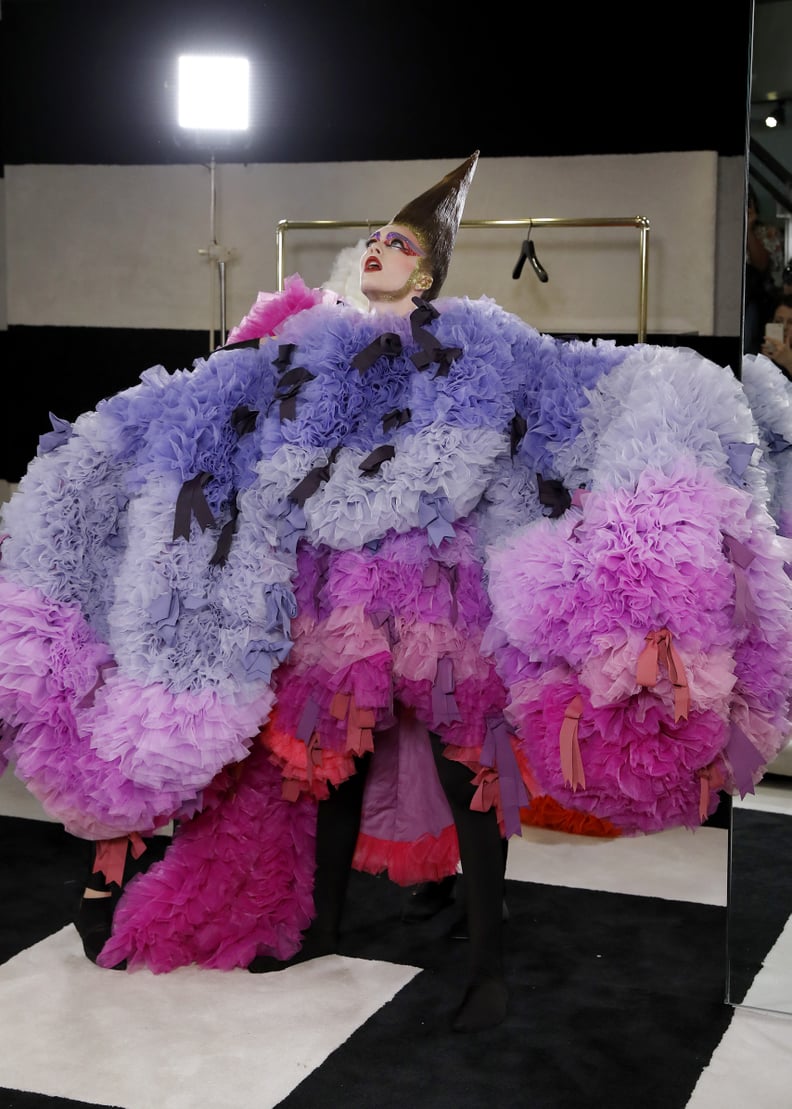 Model Ariel Nicholson in Tomo Koizumi at New York Fashion Week