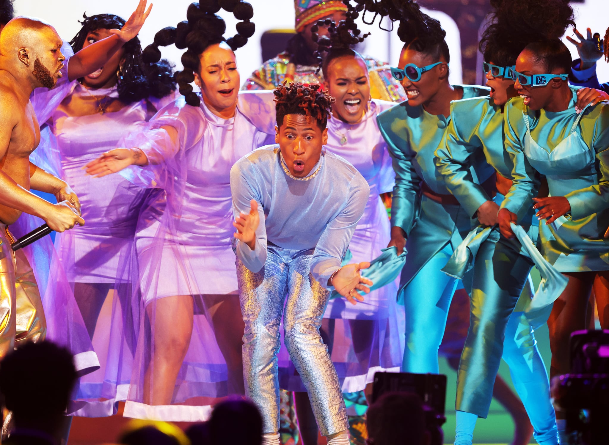 LAS VEGAS, NEVADA - APRIL 03: Jon Batiste (C) performs onstage during the 64th Annual GRAMMY Awards at MGM Grand Garden Arena on April 03, 2022 in Las Vegas, Nevada. (Photo by Rich Fury/Getty Images for The Recording Academy)