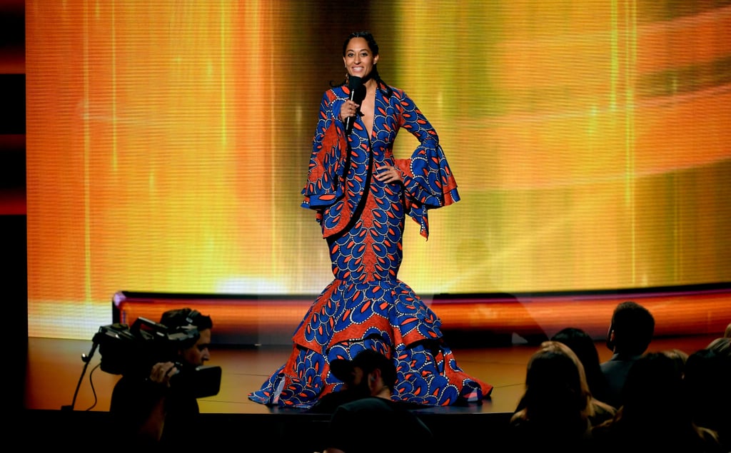 Bell sleeves, a fluted skirt, and an all-over bold print made this Lavie by CK look unforgettable.