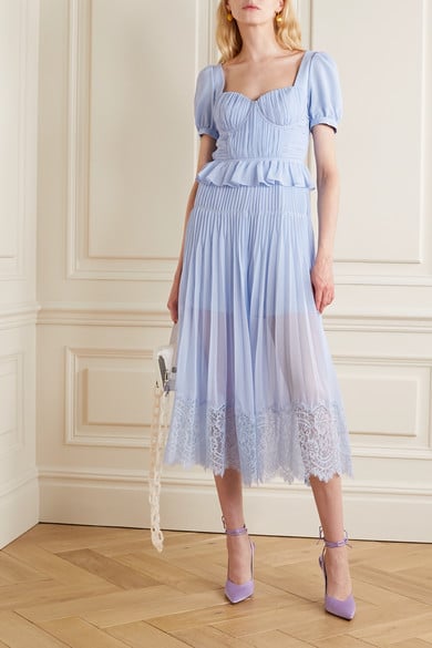 Self-Portrait Corded Lace-Trimmed Plissé-Chiffon Midi Dress