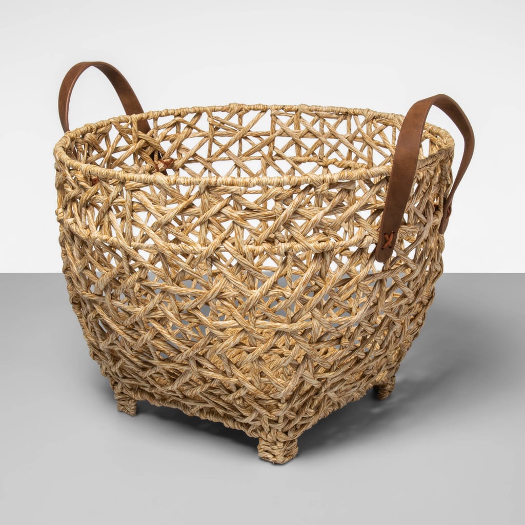 Open Woven Basket with Feet and Leather Handle