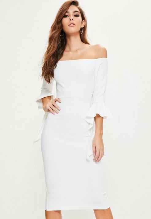 Missguided White Bardot Flared Sleeve Midi Dress