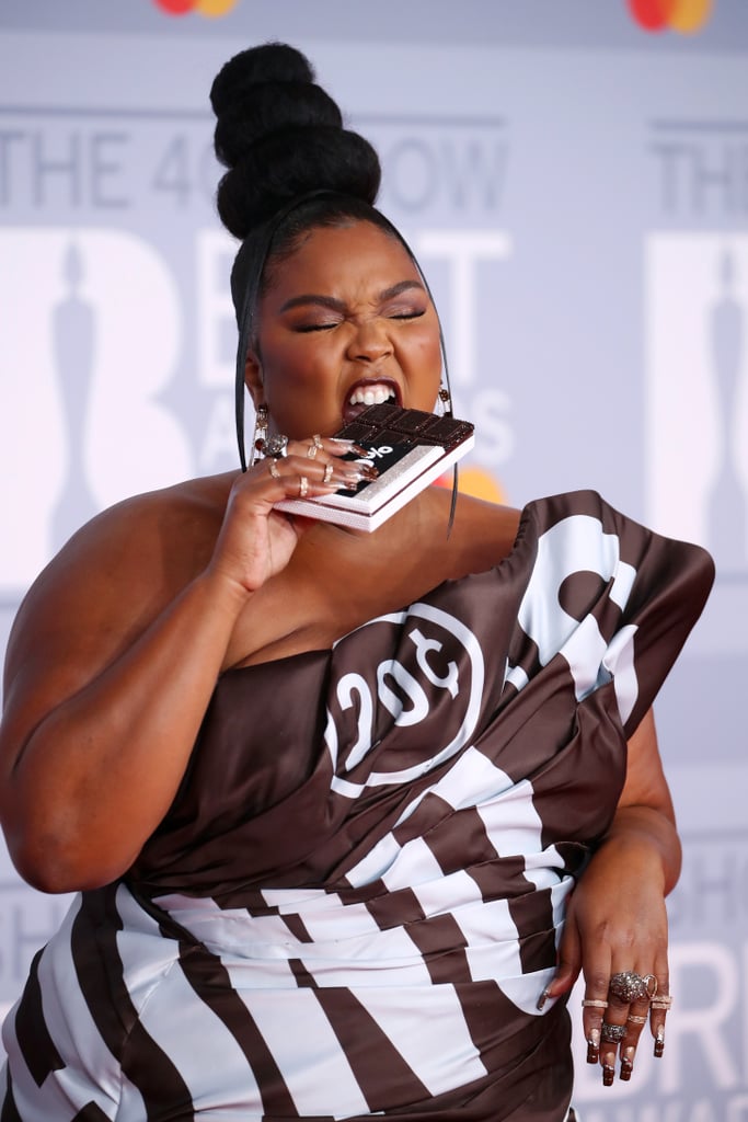 Lizzo's Moschino Hershey's Chocolate Dress on the Red Carpet