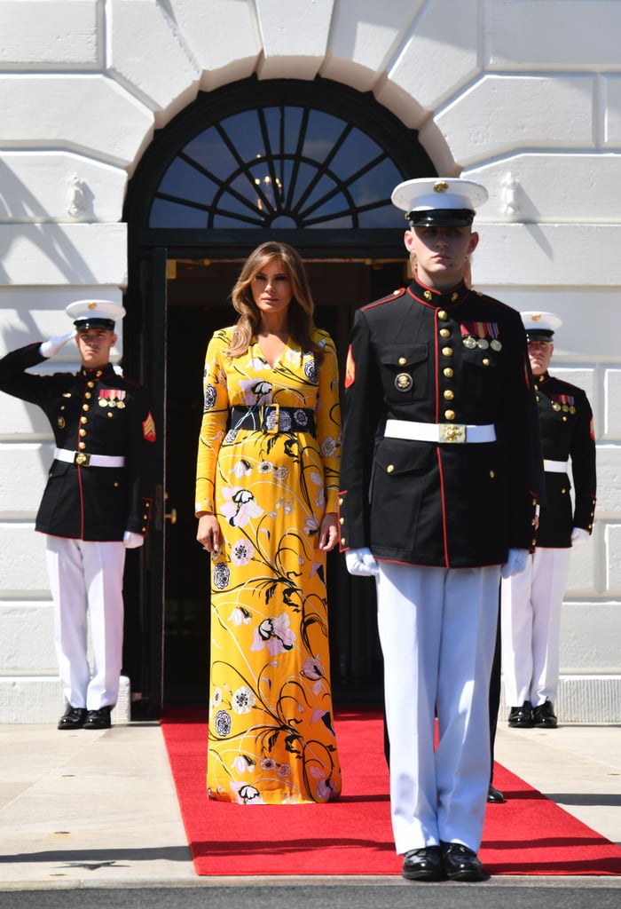 Melania wore a floral print dress from Emilio Pucci in June 2017 while welcoming the Indian prime minister to the White House.