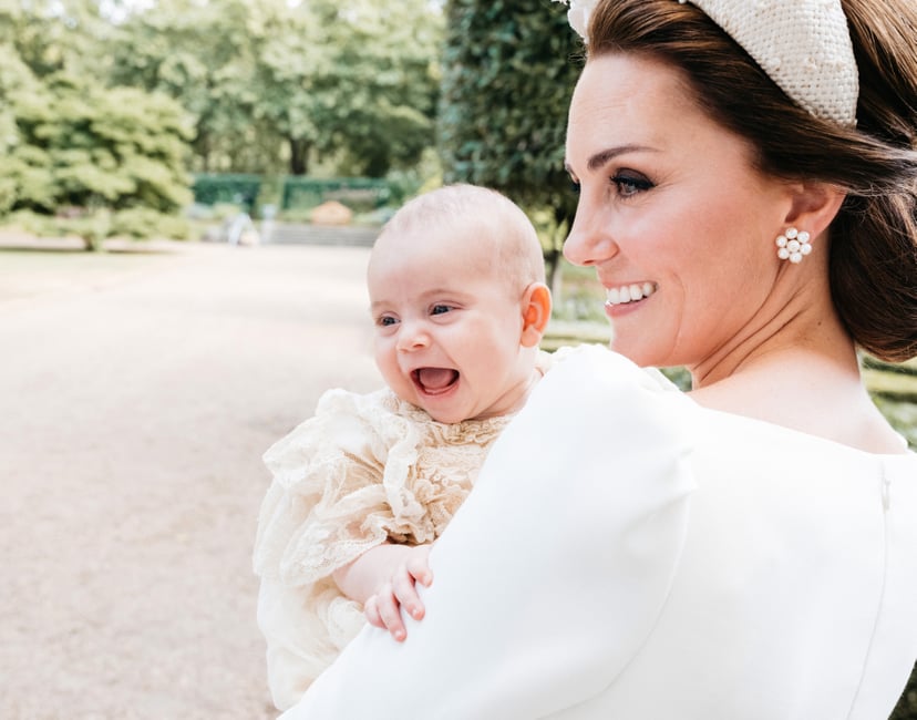 LONDON, ENGLAND - JULY 09: (NO SALES)  In this handout image released by the Duke and Duchess of Cambridge, Catherine, Duchess of Cambridge and Prince Louis pose for an Official Portrait following the christening of Prince Louis taken on the grounds of Cl
