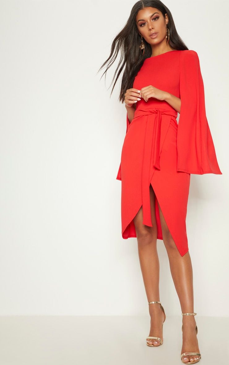 Pretty Little Thing Red Cape Style Wrap Midi Dress