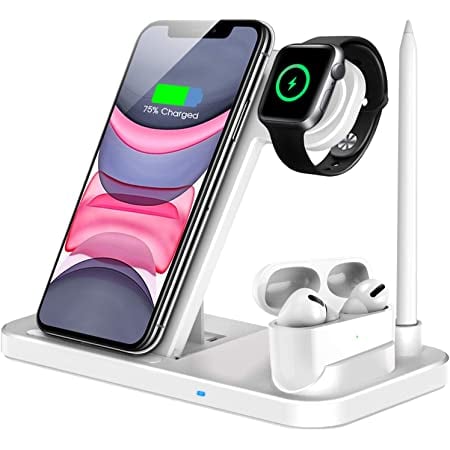 QI-EU Wireless Charger, 4 in 1 Qi-Certified Fast Charging Station Compatible Apple Watch Airpods Pro iPhone 12/11/11pro/X/XS/XR/