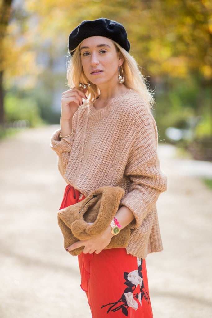 Match your luxe neutral tones with a camel-coloured shearling bag, worn at the same time as your most cosy camel knits.