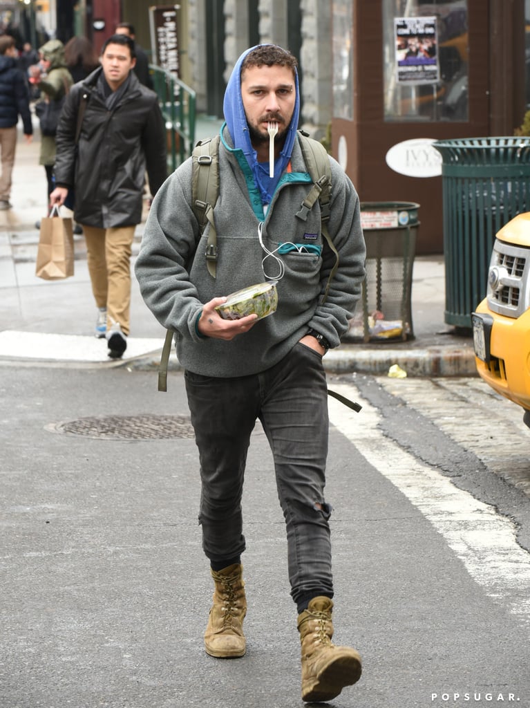 Shia LaBeouf had his meal and fork handy during a stroll through NYC on Saturday.