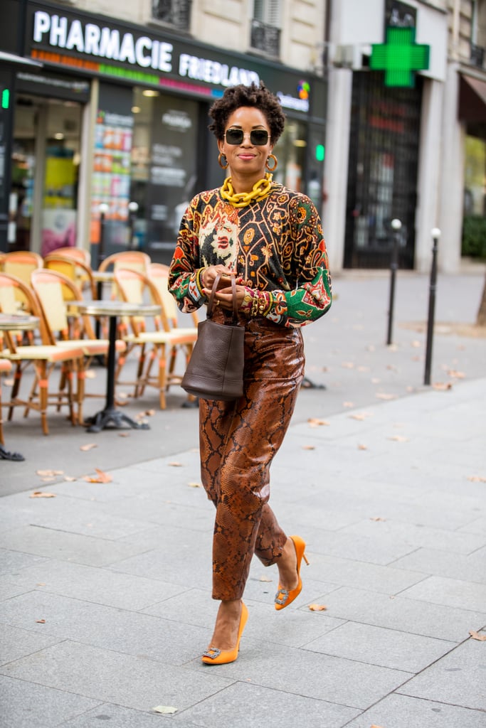 Leather Pants Outfit Idea: Animal-Print Leather Pants + Printed Top