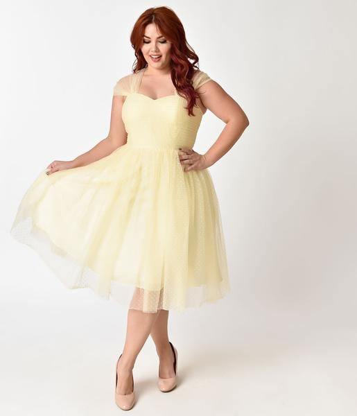 Unique Vintage Plus Size Buttercup Yellow Swiss Dot Garden State Mesh Cocktail