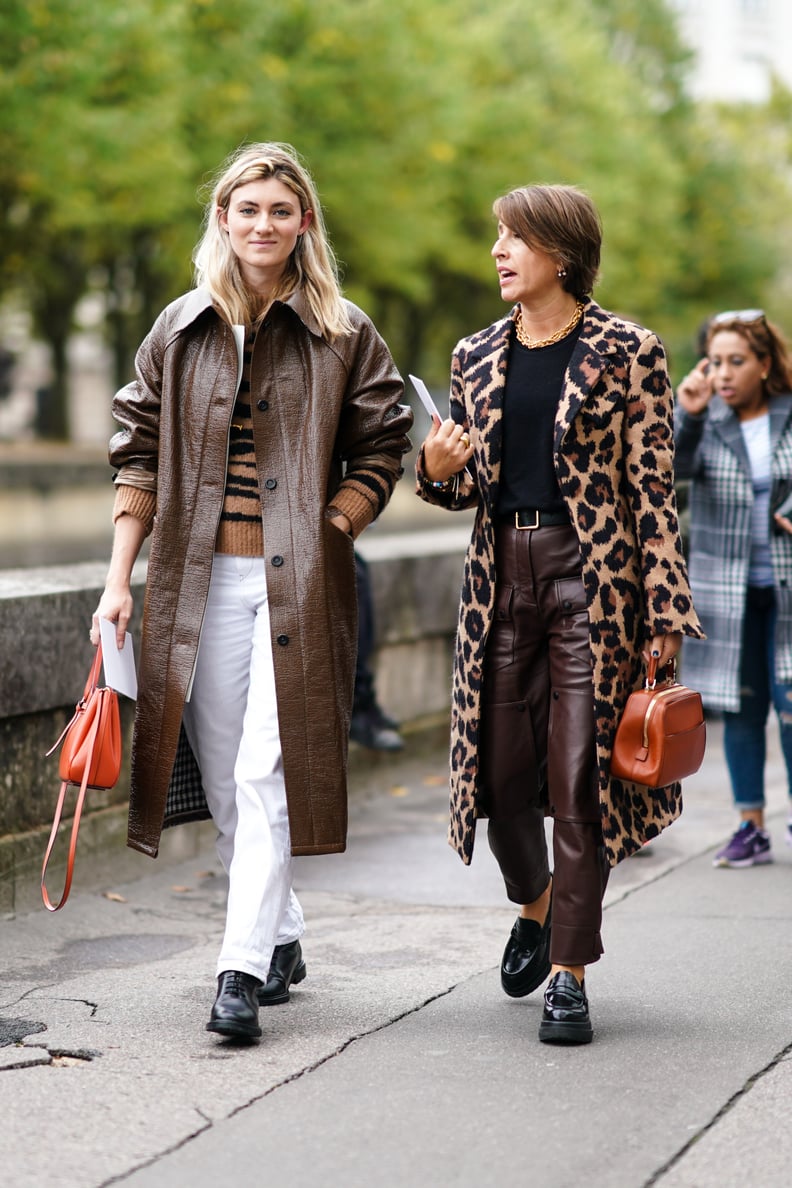 Style Your Leopard-Print Coat With: A Black Top, Brown Pants, Tan Bag, and Loafers