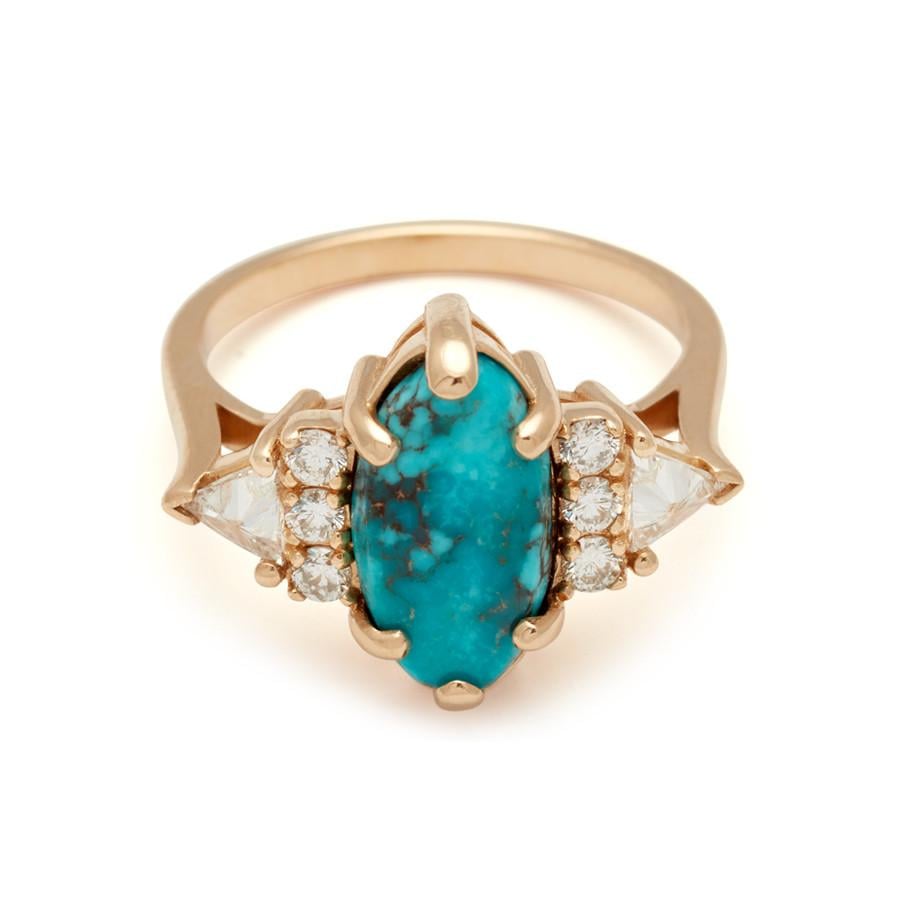 Stardust Turquoise Marquise Bea Ring Yellow Gold and White Diamonds