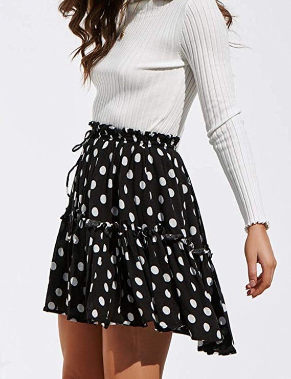Relipop Flared Short Skirt Polka Dot Pleated Mini Skater Skirt With Drawstring