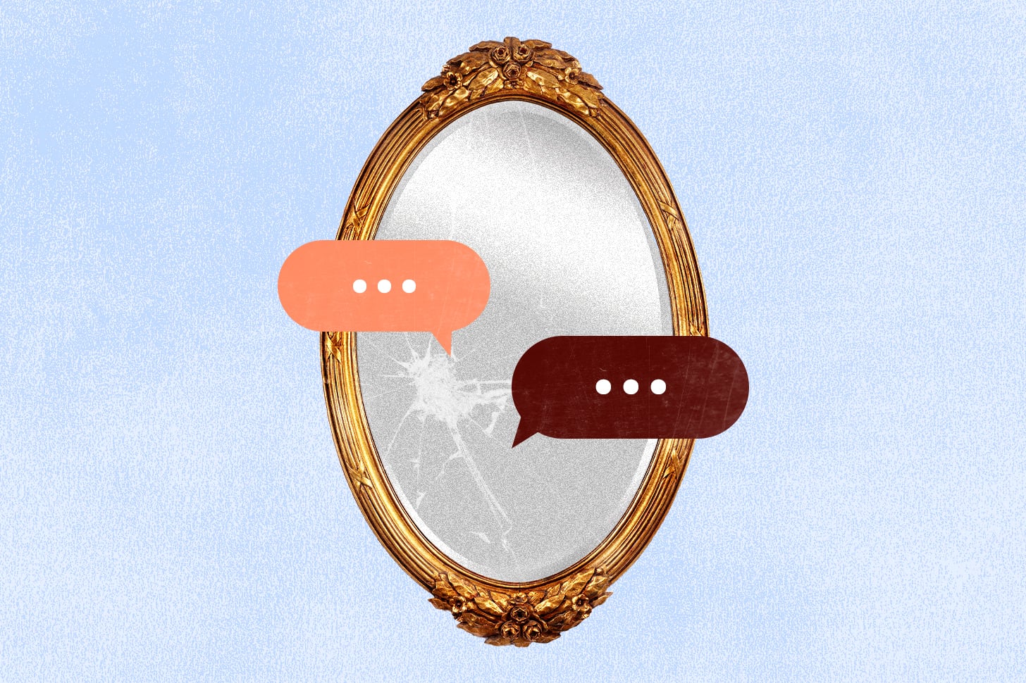 Collaged image of cracked gold frame mirror with two text bubbles on top illustrating negative thoughts while looking in the mirror.