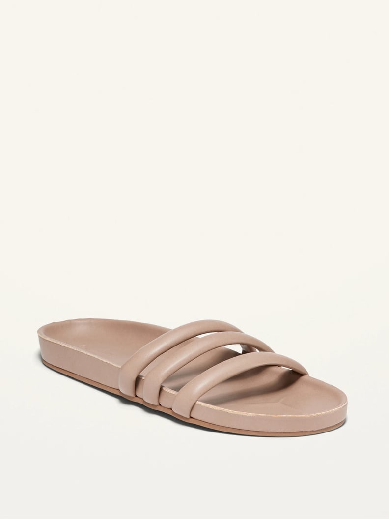 Faux-Leather Triple-Strap Slide Sandals