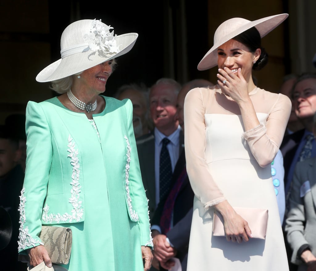 Then, Camilla and Meghan couldn't stop laughing as a bee attacked Harry during his speech.