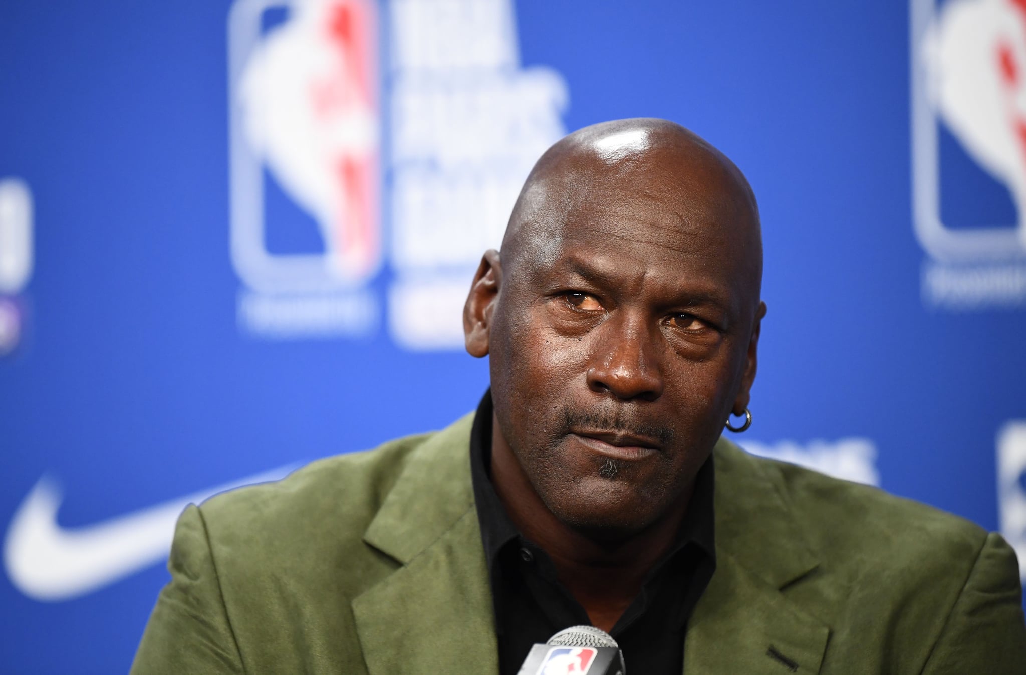 Former NBA star and owner of Charlotte Hornets team Michael Jordan looks on as he addresses a press conference ahead of the NBA basketball match between Milwaukee Bucks and Charlotte Hornets at The AccorHotels Arena in Paris on January 24, 2020. (Photo by FRANCK FIFE / AFP) (Photo by FRANCK FIFE/AFP via Getty Images)