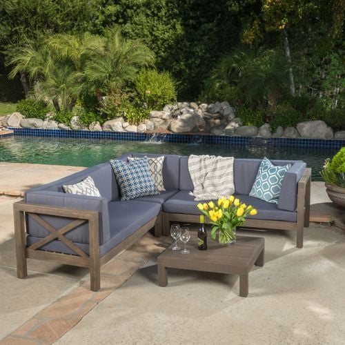 Marquez 4-Piece Wooden Sectional Set with Gray Cushions