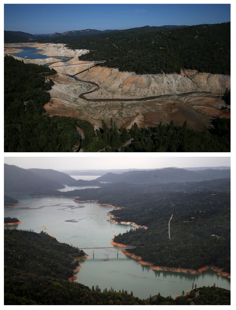 An aerial view of Lake Oroville.