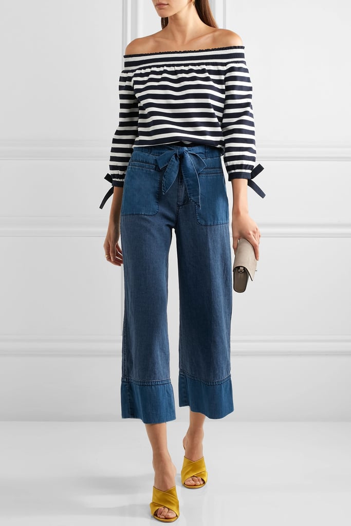 Pick up your off-the-shoulder staple top. J.Crew's Off-the-Shoulder Striped Cotton-Jersey Top — Midnight Blue ($80) is quite the flattering option.