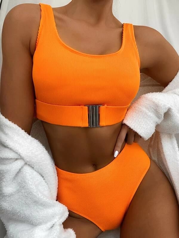 Romwe Rib Belted High Waisted Bikini Swimsuit