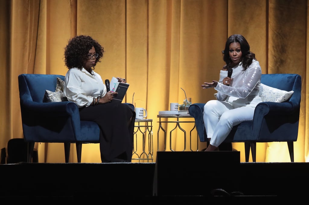 Michelle Obama Sequin Top and Pink Heels With Oprah 2018