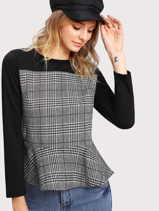 Shein Glen Plaid Pep Hem Blouse