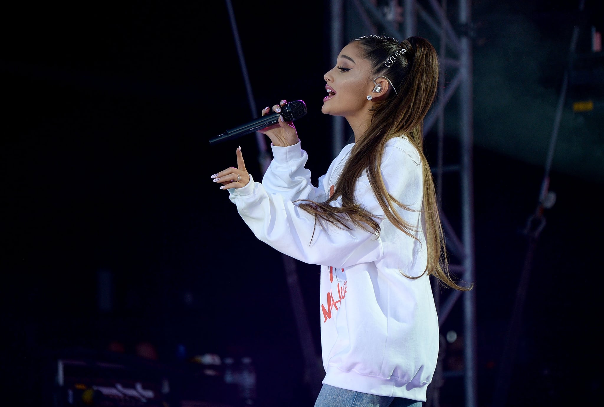 MANCHESTER, ENGLAND - JUNE 04:  Ariana Grande performs on stage during the One Love Manchester Benefit Concert at Old Trafford Cricket Ground on June 4, 2017 in Manchester, England.  (Photo by Kevin Mazur/One Love Manchester/Getty Images for One Love Manchester)