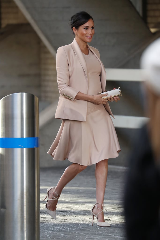 Meghan Markle Fall Outfit Idea: A Beige Dress, with Matching Blazer and Heels.