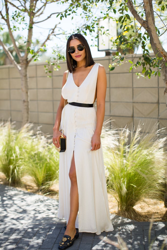 Olivia Culpo wore a white shirtdress and embellished loafers to the House of Harlow 1960 x Revolve brunch. 