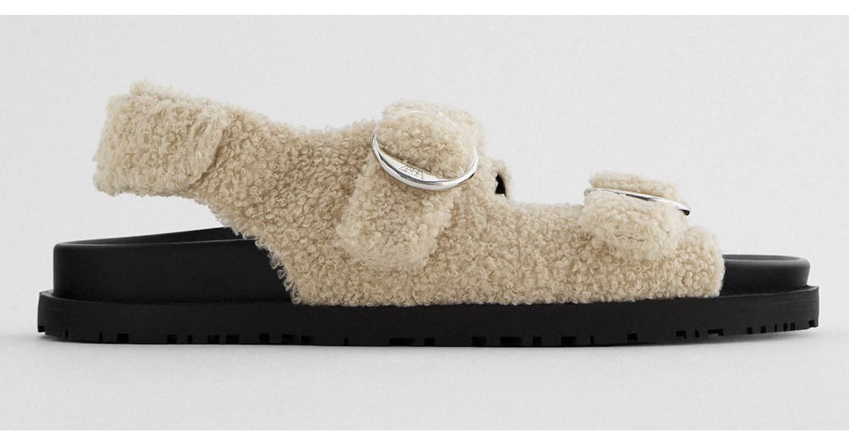 Zara Flat Faux Fur Buckle Sandals | Comfortable Shearling Shoes and Slippers For Women 