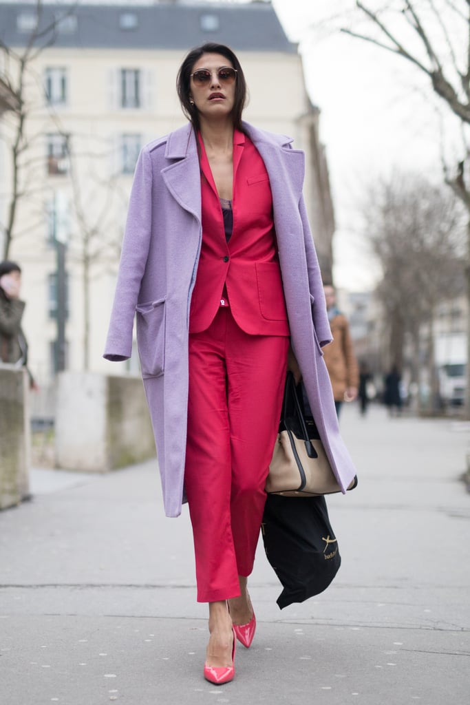 red and lilac outfit