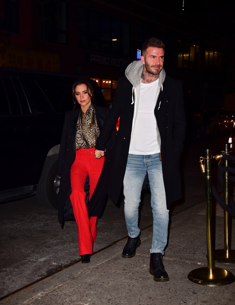 Victoria Beckham Red Pants and Snakeskin Blouse January 2019