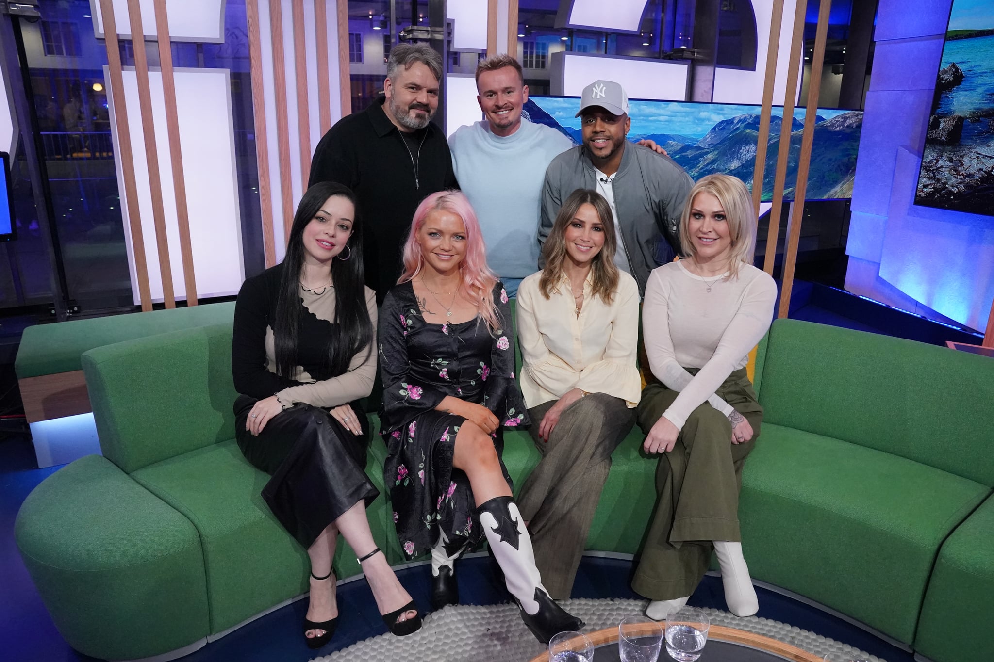 (left to right) Tina Barrett, Paul Cattermole, Hannah Spearritt, Jon Lee, Rachel Stevens, Bradley McIntosh and Jo O'Meara, of S Club 7 during filming for The One Show in London, after announcing they are reuniting for a UK tour later this year in celebration of their 25th anniversary. (Photo by Jonathan Brady/PA Images via Getty Images)