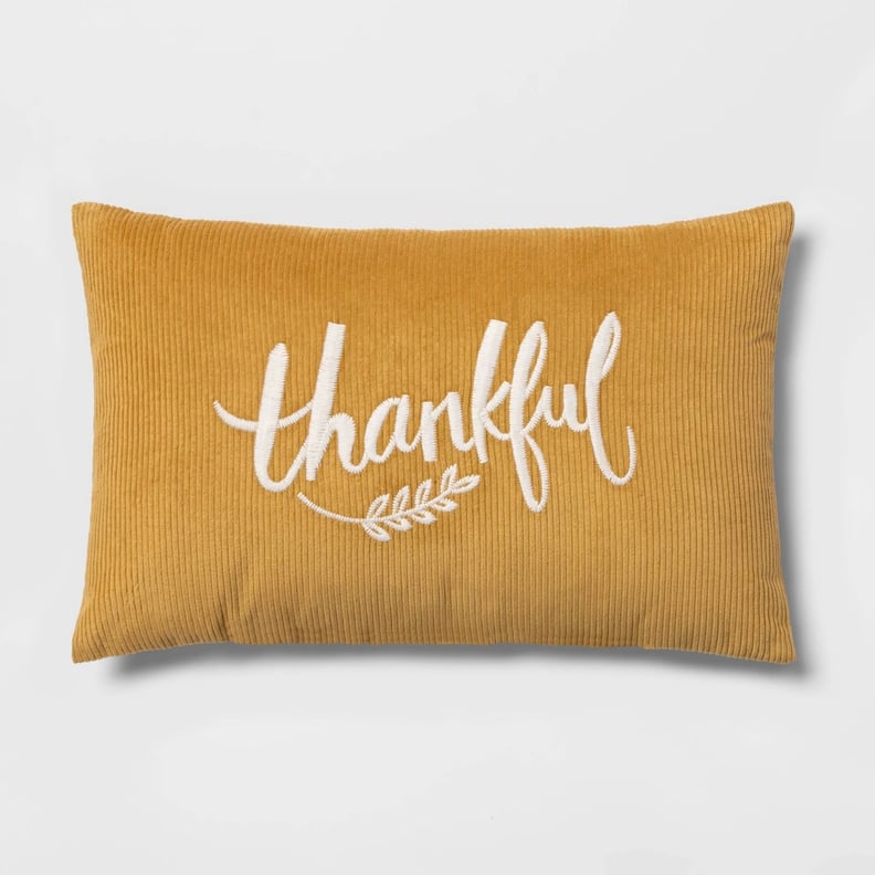 Lumbar Embroidered Thankful Corduroy Pillow