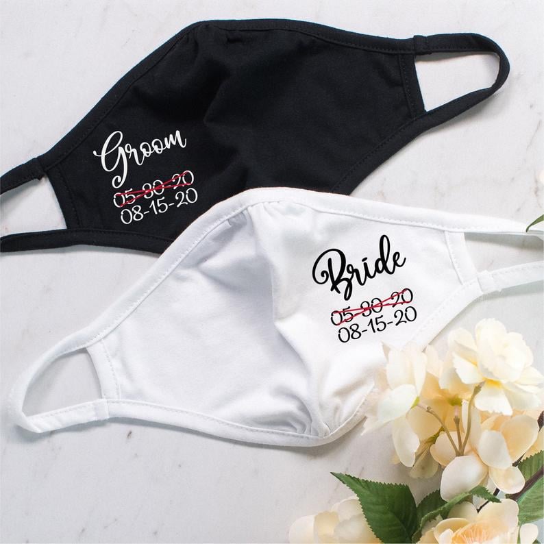 Bride & Groom Face Mask Set with New Wedding Date