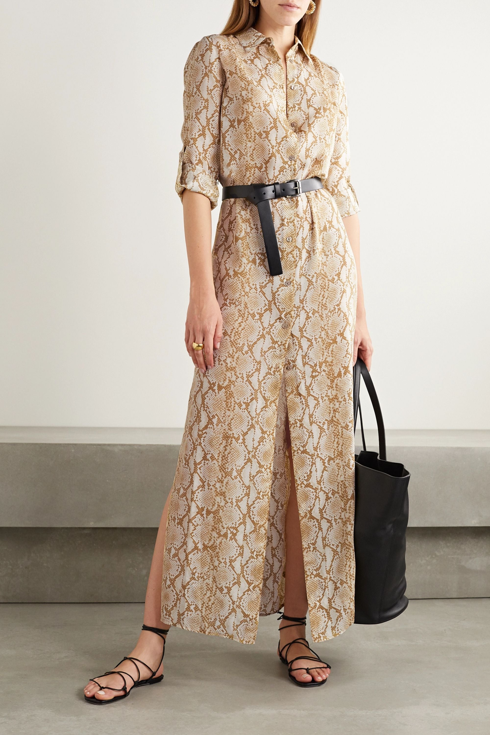 MICHAEL Michael Kors Woven Linen 34 RollTab Sleeve Banded Collar Snap  Front Side Slit Belted Maxi Shirt Dress  Dillards