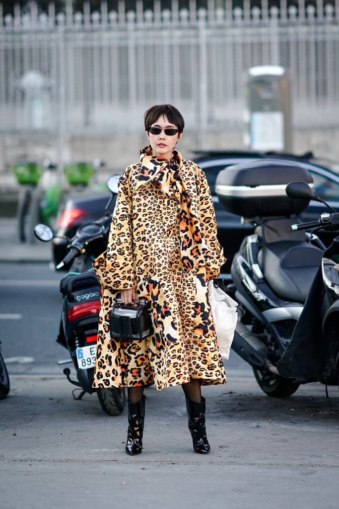 Style Your Leopard-Print Coat With: Sheer Tights, Black Boots, and a Bag