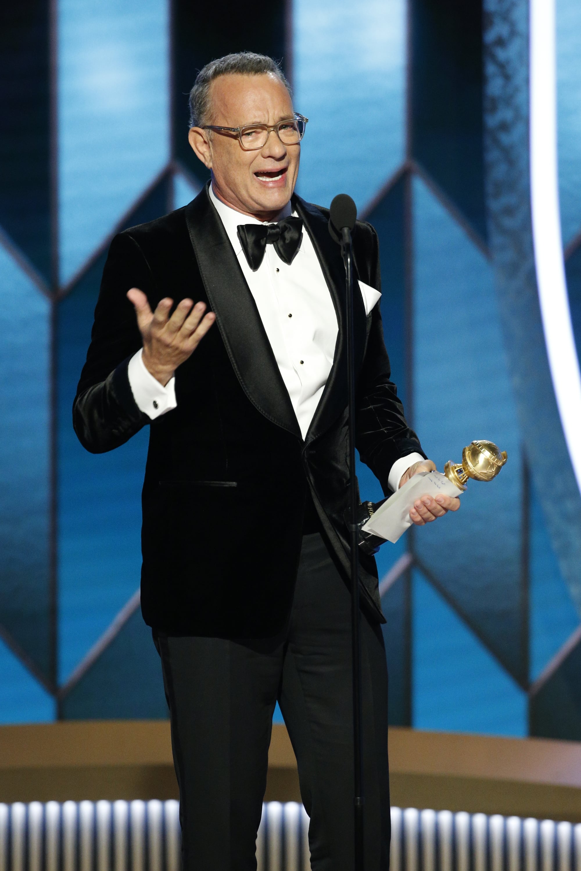 BEVERLY HILLS, CALIFORNIA - JANUARY 05: In this handout photo provided by NBCUniversal Media, LLC,  Tom Hanks accepts the CECIL B. DEMILLE AWARD onstage during the 77th Annual Golden Globe Awards at The Beverly Hilton Hotel on January 5, 2020 in Beverly Hills, California. (Photo by Paul Drinkwater/NBCUniversal Media, LLC via Getty Images)