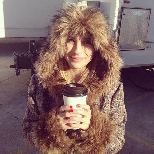 Emma Roberts bundled up with hot coffee on the set of American Horror Story: Coven.
Source: Instagram user emmaroberts6