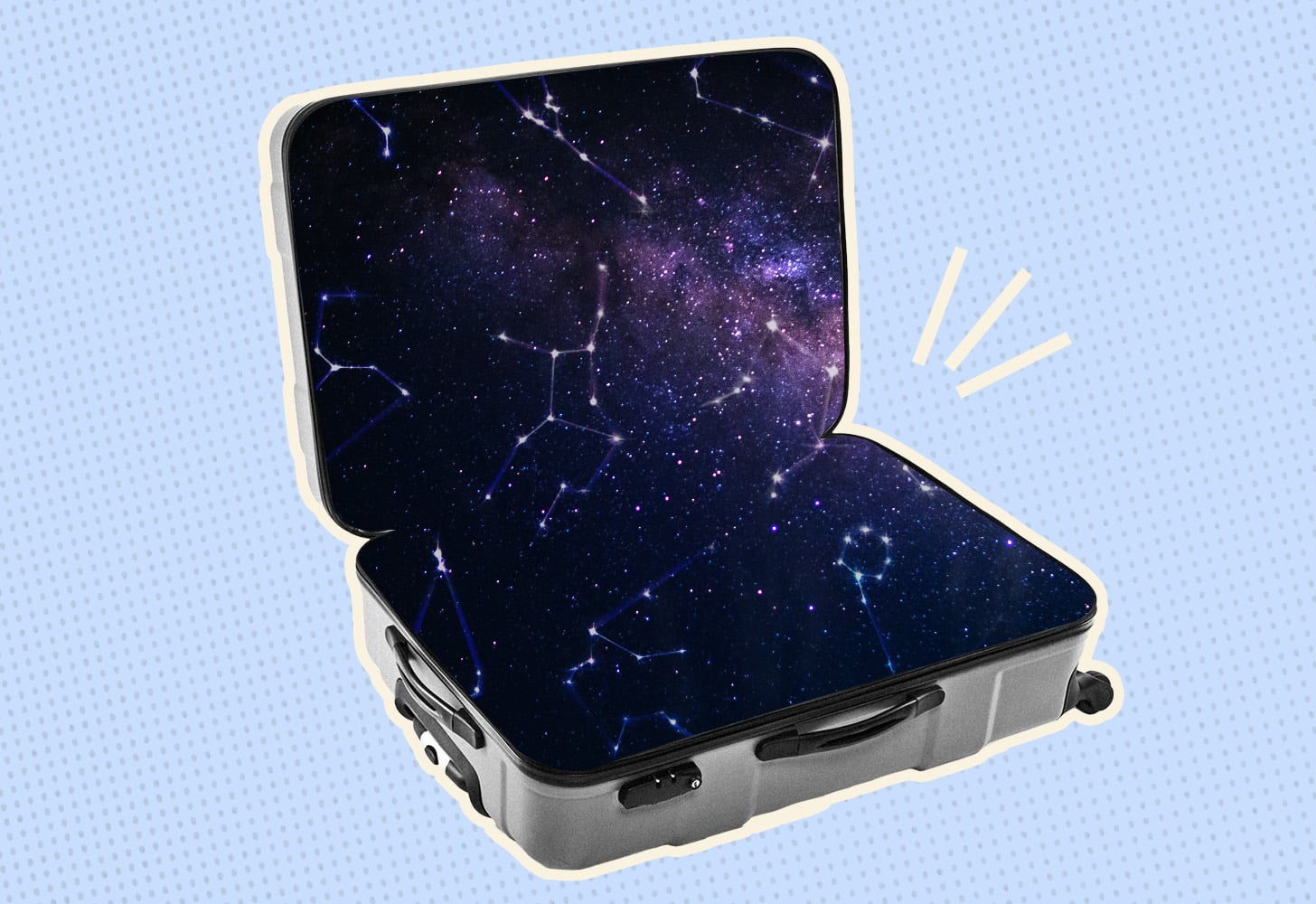 conceptual artwork of an open suitcase with a galaxy inside