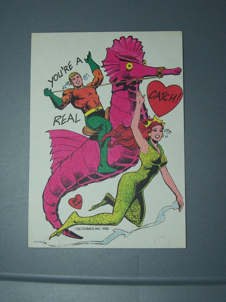 Love how Aquaman and Mera have underwater talking bubbles in this two-piece comic valentine ($10) from 1980.