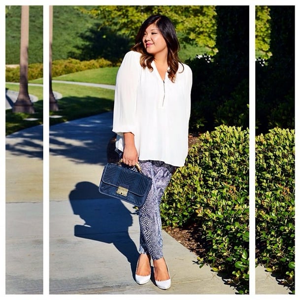 Deep navy and snakeskin-print skinnies feel right on point for crisp weather, but complete with your breezy Summer whites for a feminine touch.
Source: Instagram user curvygirlchic