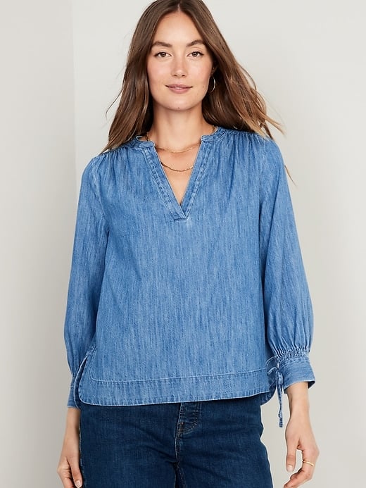 Old Navy Split-Neck Puff-Sleeve Jean Blouse