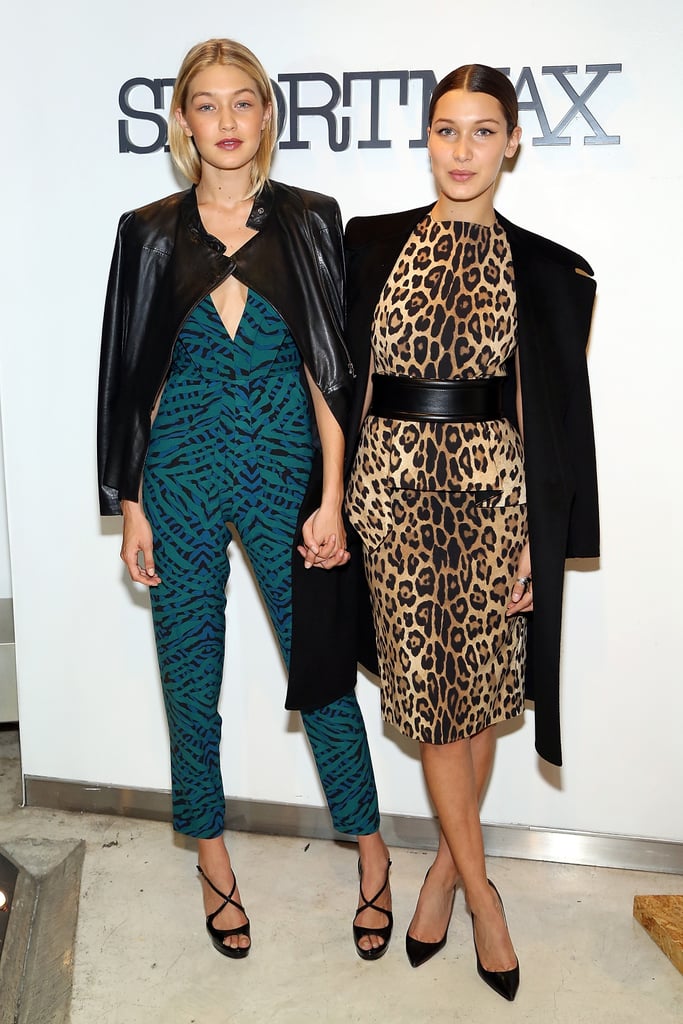 أطلّت جيجي بتصميم ذو طبعات تتباين مع طبعات ثوب شقيقتها بيلا في حفلة Sportmax وTeen Vogue عام 2014.