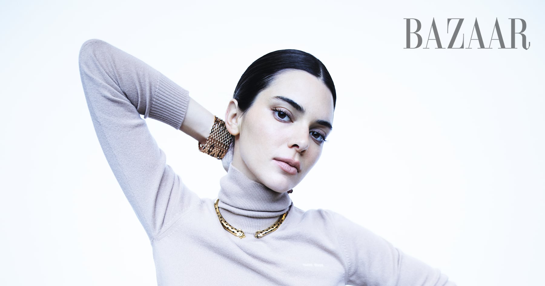 Kendall Jenner in Gold Miu Miu Underwear For Harper's Bazaar